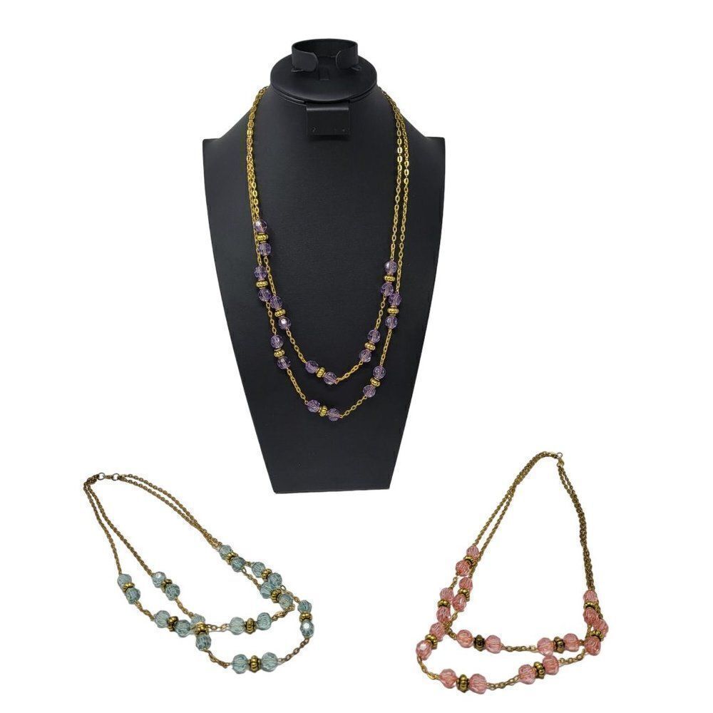 Necklace Opera 28" Gold Tone Chain Pastel‎ Beaded Pink Blue Purple 3pc Set
